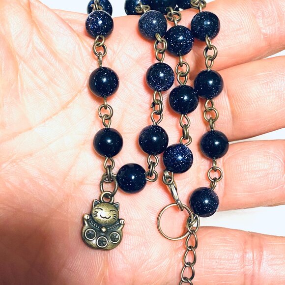 Dark Blue Goldstone Bronze Link Adjustable Short Necklace w/ Fortune Cat Charm - Picture 15 of 15